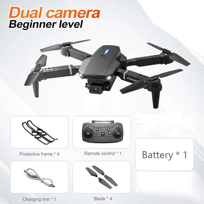 E88 dual camera drone with protective frame, remote control, and battery for aerial photography.