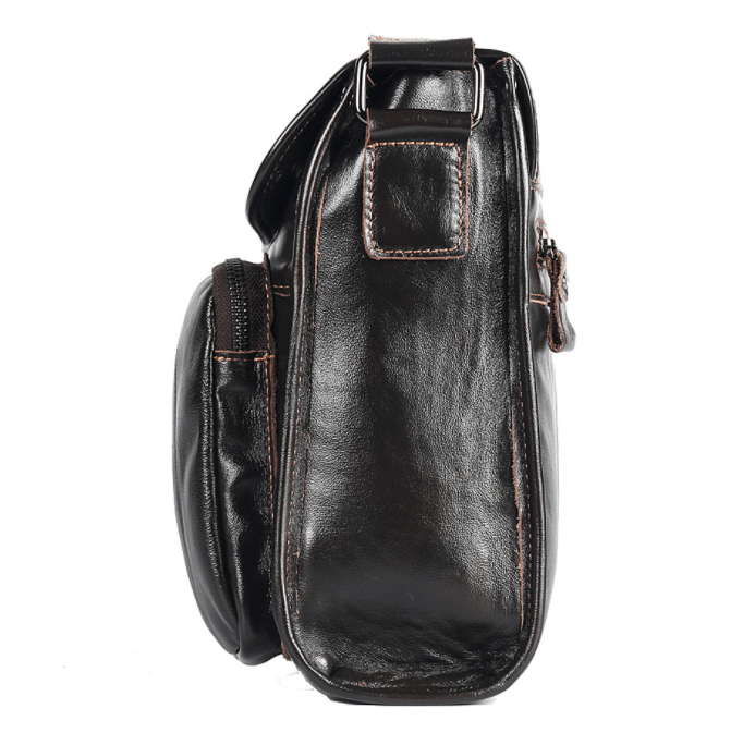 Side view of a leather shoulder bag for men showcasing its sleek design and quality craftsmanship.