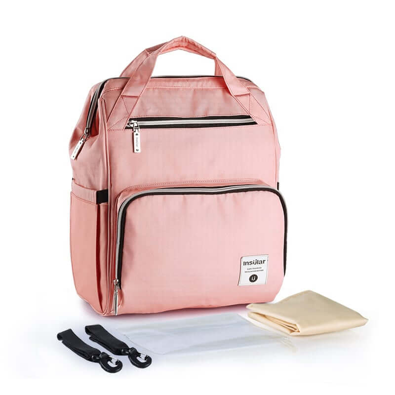 Large capacity waterproof backpack in light pink color with multiple compartments and carry options.