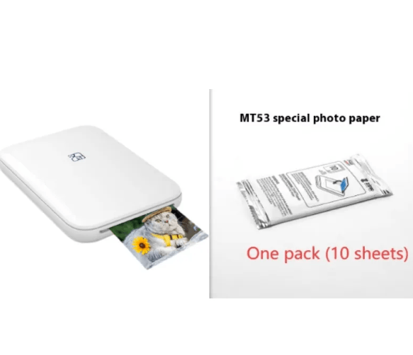 Wireless Color Photo Printer printing high-quality photo with MT53 special photo paper pack of 10 sheets.
