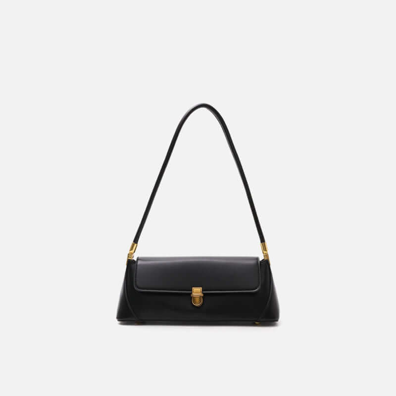 Chic shoulder bag in black PU material with a secure lock closure and stylish shoulder strap.