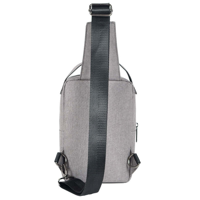 Rear view of a stylish grey chest crossbody shoulder bag with adjustable strap, ideal for casual outings.