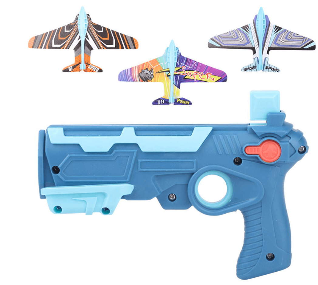 Children's foam plane glider outdoor toy launcher with blue launcher and colorful foam planes.