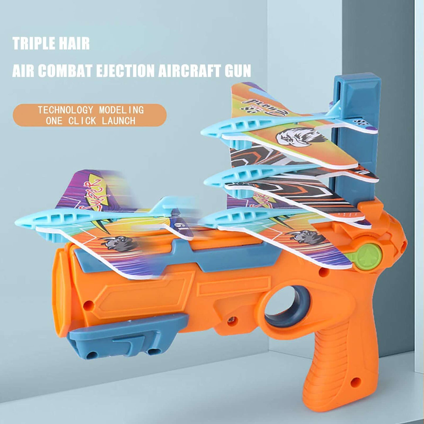 Children's Foam Plane Glider Outdoor Toy Launcher with colorful planes and toy gun design for fun outdoor play.