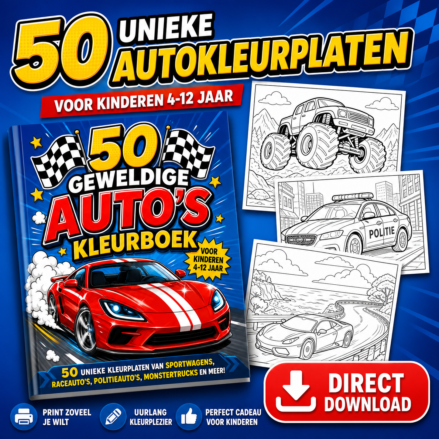 50 Geweldige Auto Kleurplaten – Digitaal Kleurboek voor Kinderen (PDF)