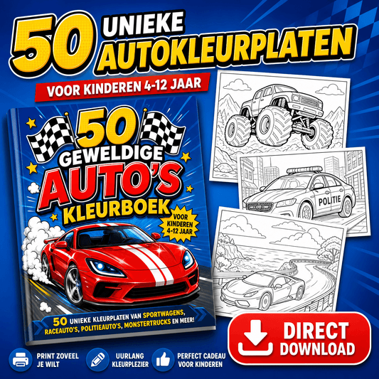 50 unieke autokleurplaten voor kinderen 4-12 jaar in een digitaal kleurboek met voertuigen.