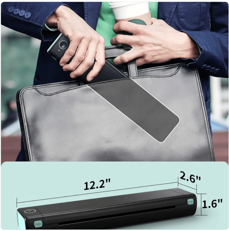 A4 portable Bluetooth thermal printer for travel being placed in a bag, showcasing its compact design and dimensions.