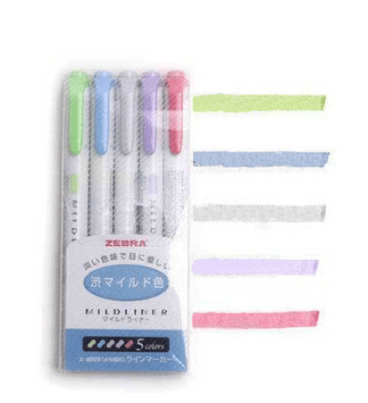 Dual-Head Fluorescent Marker Pen Set, Zebra Markers in a pack with various colors highlighted on paper.