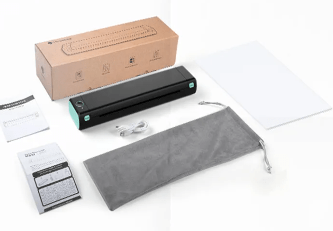 Portable A4 Thermal Printer, accessories including manual, charging cord, paper, and carrying pouch for easy mobility.