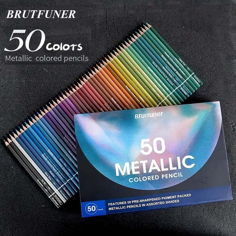 Brutfuner 50-Color Pearlescent Colored Pencils Set displayed with box and pencils in vibrant metallic hues.