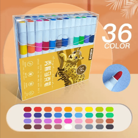 Kids’ Doodle Acrylic Markers – Waterproof & Quick-Drying set with 36 vibrant colors in a clear packaging.