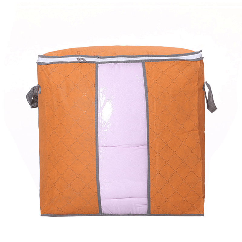 Storage Bag Quilt Storage Bag Moving Packing Bag Clothes Sorting Bag Clothing Duffel Bag in orange and purple fabric.