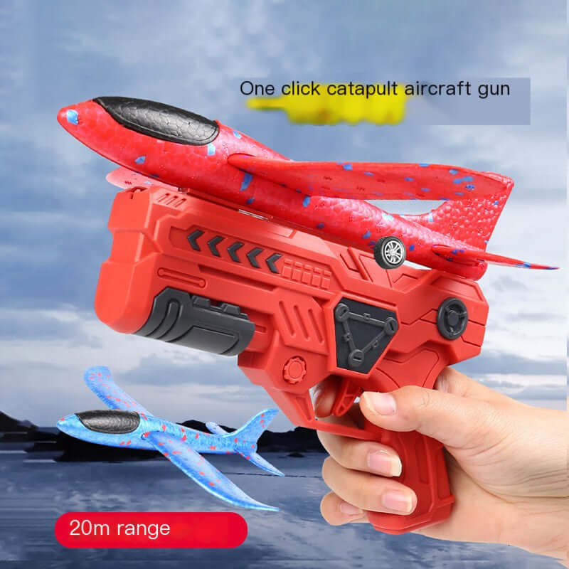 Large Outdoor Foam Plane Launch Toy for Kids with red catapult gun and foam airplane
