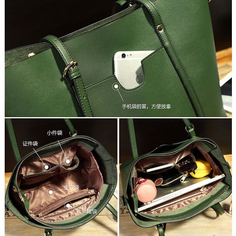 Bucket shoulder bag in green showcasing interior compartments for organization and practical design features.